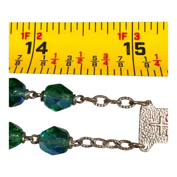 Italian Roma Blue Glass Rosary Emerald Green Iridescent Beads Silver Cross 15" - Picture 5 of 9